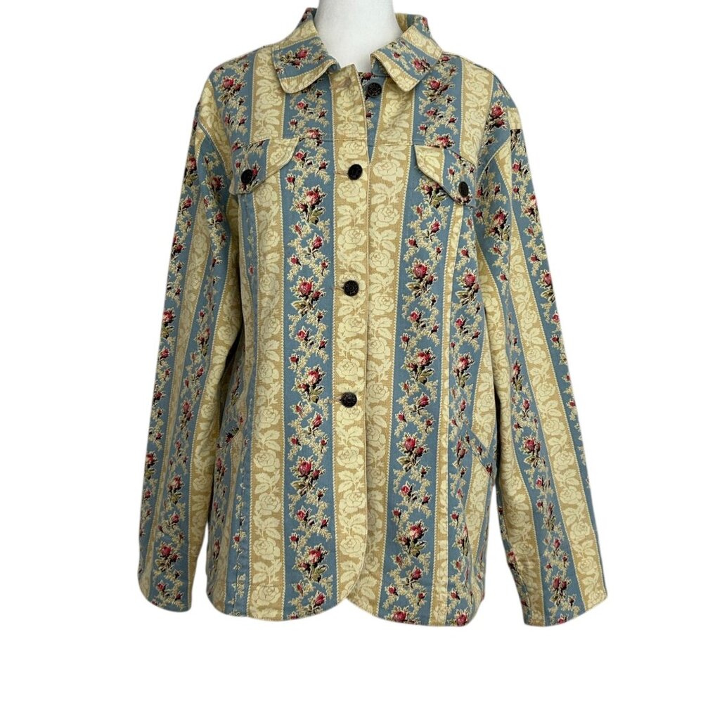 Denim & Co Vintage‎ Striped Floral Denim Jean Jacket (M)